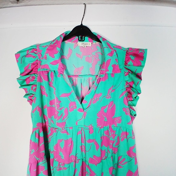 Umgee Floral Teired Mini Shift Dress 1XL Blue Pink Dopamine Boho Fairy - Picture 3 of 12